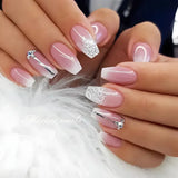 Nukty 24Pcs Gradient Short Ballet Nails Set with Glue White Simple False Nails Coffin Fake Nail Press on Nails Full Cover Nail Tips