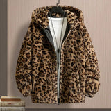 Nukty Faux Fur Coats For Men Leopard Print Long Sleeve Pockets Zipper Men Coat Winter Thickened Double-sided Plush Hooded Outerwear