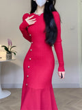 Nukty DRESS TO IMPRESS Korean Chic French Knitted Dress Women High Waist Fishtail Dresses Autumn Winter Long Sleeve Elegant Bodycon Dress Vesstidos