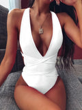 Nukty Sexy Solid One Piece Swimsuit Women Push Up Lace Up Bandage Bodysuit Brazilian Deep V Neck Backless Bathing Suit Swimwear