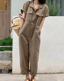 Nukty Women Summer Jumpsuit Lapel Solid Color Short Sleeved Dungarees Femme Fashion Causal Elegant Rompers Work OL Pant