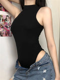 Nukty Harajuku Solid Jumpsuit Women Sleeveless Bodycon Sexy Black Body Tops Fashion Streetwear Vintage Y2k Gothic Bodysuits Clothing