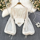 Nukty Court Style Corselet Blouse Women Chiffon Lace Patchwork Elegant Blusas V-neck Lantern Sleeve Female Autumn Blouses