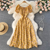 Nukty Women Floral Dress Bohemian A-Line Slash Neck Short Sleeves Dress Summer Vintage Beach off Shoulder Polka Dot Sundress