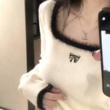 Nukty Women Butterfly Embroidered T-shirts Square Neck  Long Sleeve Patchwork Y2K T-Shirts Casual Tees Women Autumn Winter