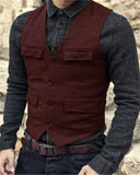 Nukty Suit Vest Brown Burgundy Herringbone Wool Tweed Vintage Steampunk Waistcoat Formal Business Vests for Men Wedding