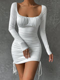 Nukty Long Sleeve Sexy Bodycon Mini Dress Women White Square Neck Pleated Party Club Wear Drawstring Ruched Outfit