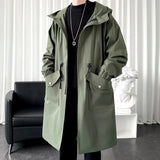 Nukty Long Trench Coat Jacket Men Autumn Spring Black Hip Hop Japanese Coats Streetwear Male Hooded Army Green Casual Jackets