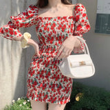 Nukty Spring Summer Square Collar Floral Dress Women Temperament Slim Waist Bag Hip Skirt French Retro Dresses
