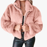 Nukty Rabbit Fur Imitation Fur Zipper Plush Warm Jacket Long Sleeve Short Coat Winter Women Crop Top Casual Solid New In Outwear Pink