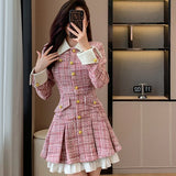 Nukty New Women's Tweed Pleated Mini Dress Autumn Long Sleeve Korean Style Single Breasted Ruffle Fashion Office Lady Vintage Dresses