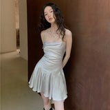 Sexy Satin Mini Dress Summer 2024 Women Evening Party Dress Y2k Backless Beach Dresses Ruffle Bandage Korean Fashion