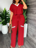 Nukty Elegant Women's Casual Short Sleeve T-shirt Sports Suit Summer Fashion Solid V Neck Short Top & Straight Pants Two Piece Sets