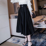 Nukty Big Swing High Waitsed Black Skirts Women Fashion Pleated Satin Midi Skirt Woman Pearls Button Long Party Skirts Ladies