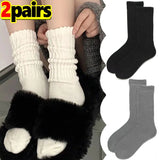 Nukty 1/2Pairs Lolita Long Socks Women Solid Color Knitted Warm Middle Tube White Warmer Ladies Autumn Winter Crochet Sox Boot Cuffs