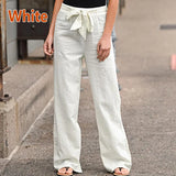 Nukty Women Cotton Linen Casual Pants Summer Fashion Drawstring Elastic Waist Loose Straight Pants Female Solid Ankle-Length Trousers