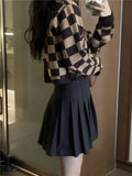 Nukty Checkerboard Crop Cardigan V-neck Button Up Knitted Sweaters Women Autumn Winter Outfit