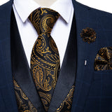 Nukty Brand Suit Vest Set For Men Luxury Silk Black Gold Paisley Dress Vest Tie Cufflinks Handkerchief Set Male Sleeveless Waistcoat