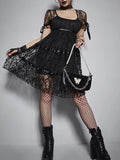 Nukty Lace Mall Gothic Aesthetic Black Women Dresses Grunge See Through Sexy Puff Sleeve Mini Dress A-line Summer Partywear