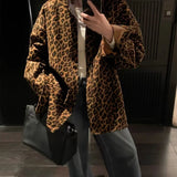 Nukty Autumn Winter Women's Chic Leopard Shirt Jacket Sexy Elegant Loose Blouses Retro Top Streetwear Jacket Vintage Lady Casual Coat