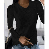 Nukty Women Lace Hollow T Shirt Top Fashion Round Neck Long Sleeve Office Lady Blouses Casual Vintage High Street Boho Tops All Season