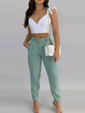 Solid Ruffles Backless Knotted Crop Tops & Pocket Design Belted Pants Set Casual Women Two Piece Set Outfits