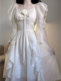 Nukty White Korean Elegant Dress Women Summer Chiffon Vintage Fairy Dresses Female Ruffles Korean Style Fashion Princess Dresses
