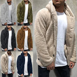 Nukty Men's Teddy Bear Fleece Coat Cardigan Winter Warm Hooded Coat Fashion Solid Color Long Sleeve Pocket Button Hooded Warm Coat