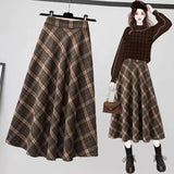 Nukty Autumn Winter Woolen Skirt Women Korean Style Thick High Waist Long Skirt Woman A Line Pleated Plaid Skirt Female