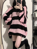 Nukty Y2K Pink Striped Sweaters Women Harajuku Vintage Black Knitted Jumper Grunge Sexy Hole Hollow Out Loose All-match Tops