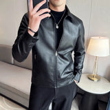 Nukty Men Bomber Leather Jacket New Anti-wind Lapel Solid Casual Slim Fit Jacket Coats Motorcycle PU Leather Jacket Fashion