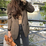 Nukty Women's Plaid Brown Blazer Coat Elegant Female Autumn Business Style Outfits Polyester Spring Jacket Tops Korean Overcoat