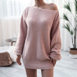 Nukty Autumn and Winter Women's Dresses One-Word Collar Louj Casual Loose Knitted Sweater Dress Short Dresses Casual Dress for Women