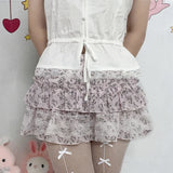 Nukty Kawaii Floral Print Lace Stitching A-line Skirt Pink Low Waist Chiffon Skirts Y2K Coquette Lolita Skirts Soft Girls