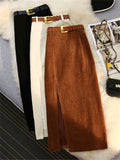 Nukty Autumn Winter Corduroy Women's Skirts with Belted New High Waist Straight Classic Front Split Skirts Ladies Female