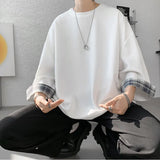 Nukty Spring Summer Men's T-shirts Women Oversized 2XL Korean Style Loose Plaid T-shirt Casual Seven sleeves T-Shirt Male White