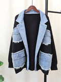 Nukty Raw Hem Cardigan Women Sweaters Patchwork Notched Collar Knitted Denim Jackets Jumpers Pockets Thick Coats Autumn Winter Outwear