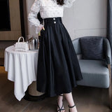 Nukty Big Swing High Waitsed Black Skirts Women Fashion Pleated Satin Midi Skirt Woman Pearls Button Long Party Skirts Ladies