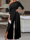 Elegant Jumpsuits for Women 2024 Spring New Plain Elegant Office Lady Loose Ruched Cold Shoulder Split Hem Wide Leg Jumpsuit