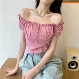 Nukty 2024 New Summer Fashion Y2K T-shirt Woman Sleeveless Shoulder Off Sexy Clothes Crop Top Women Pleated Bandage Tee Shirt Femme