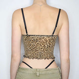 Nukty Leopard Print Mesh Camis Streetwear Y2K Vintage Lace Bow see Through Sexy Summer Backless Crop Top Women Mini Vest 2024