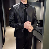 Nukty Spring New Men Solid Color Fashion Long Sleeve Faux Leather Coats Male Stand Collar Leather Jacket