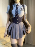 Autumn College Style JK Uniform Set Slim Shirt with Striped Tie Y2K Girls High Waist A- Line Pleated Skirt Fashion Suit