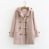 Nukty Double Row Horn Buckle Coat Hooded Women Autumn Clothing Winter Casual Solid Thicken Button Jacket College Style