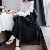 Nukty Big Swing High Waitsed Black Skirts Women Fashion Pleated Satin Midi Skirt Woman Pearls Button Long Party Skirts Ladies