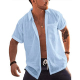 Nukty Mens Short Sleeve Button Up Shirts Linen Cotton Beach Tops Turn Down Collar Summer T Shirt with Pocket