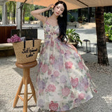 2024 Summer Chiffon Beach Maxi Dress Women Fashion Print Floral Backless Bandage Slip Dress Elegant Evening Party Fairy Dresses