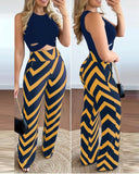 Nukty Two Piece Sets Womens Outifits Summer Fashion Crisscross O-Neck Sleeveless Crop Tank Top & Geo Print High Waist Pants Set