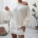 Nukty Autumn and Winter Women's Dresses One-Word Collar Louj Casual Loose Knitted Sweater Dress Short Dresses Casual Dress for Women