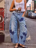 Nukty Jeans Women Print Long Pants Casual Loose Denim Blue Mom Heart Mid Waist Wide Leg Pant Trousers Pocket Button Y2k Splice